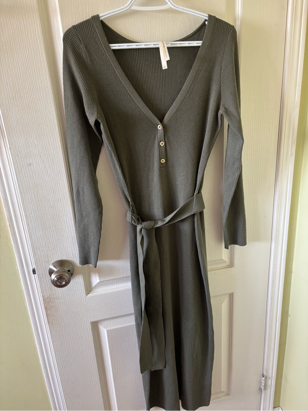 Babaton Henley Olive Ribbed V-Neck Long Sleeve Knit Dress with Waist Tie